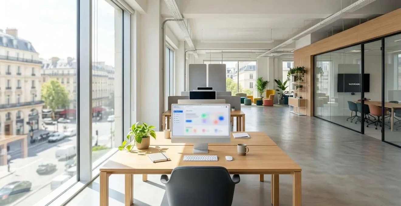 Bureau professionnel contemporain et lumineux avec un ordinateur dont l'écran affiche un contenu flouté, ambiance épurée et claire