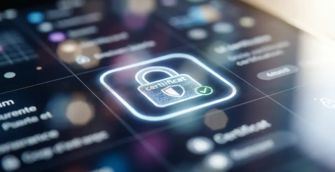Gros plan sur une icône de certificat de sécurité numérique affichée sur une interface moderne avec effet de flou artistique en arrière-plan