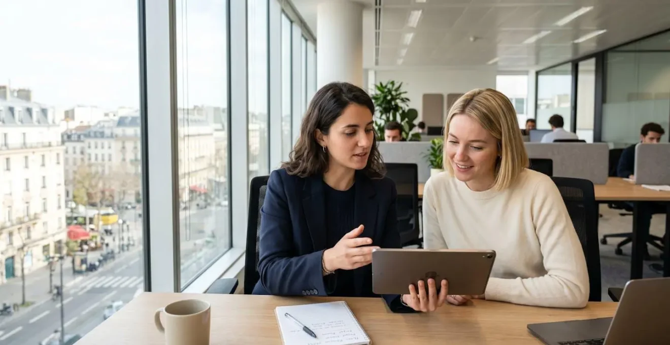 Deux professionnels en réunion consultent ensemble une tablette dans un bureau lumineux aux tons clairs