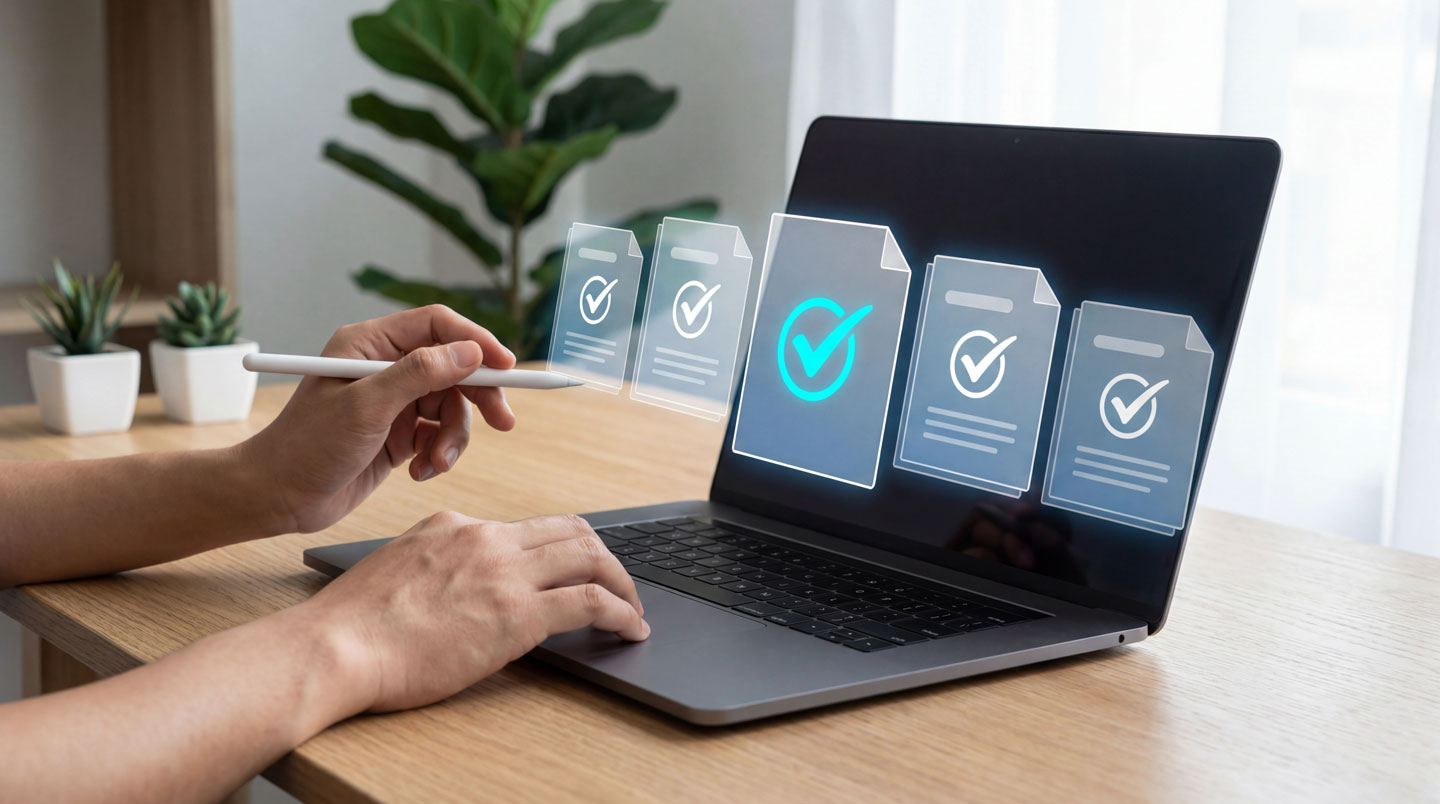 Gros plan sur des mains tenant un document officiel signé numérique avec une interface de validation visible sur fond flou