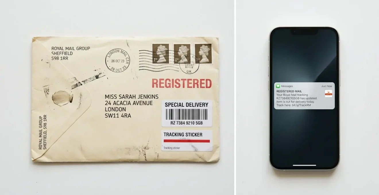 Comparaison visuelle entre une enveloppe de courrier recommandé papier et une notification de lettre recommandée électronique qualifiée sur smartphone