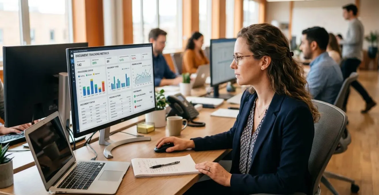 Responsable administrative consultant un tableau de bord de gestion de lettres recommandées électroniques sur un écran d'ordinateur dans un bureau lumineux
