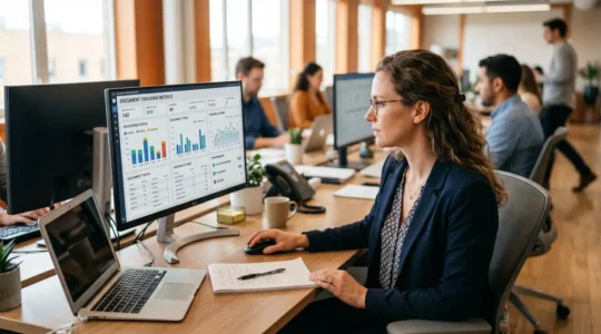 Responsable administrative consultant un tableau de bord de gestion de lettres recommandées électroniques sur un écran d'ordinateur dans un bureau lumineux